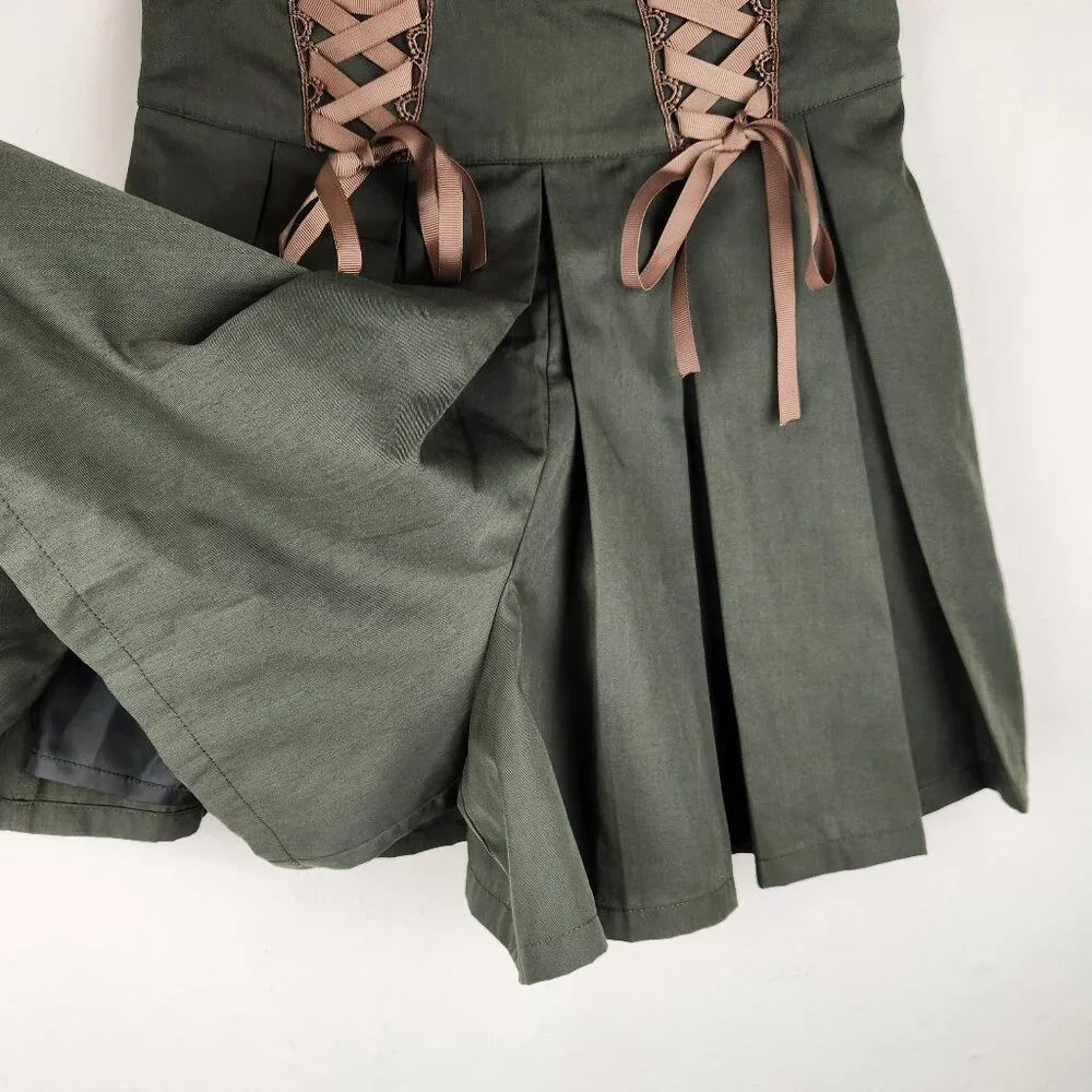 Axes Femme Japan Mori Kei Dark Academia Green Lace-up Pleated Shorts sz M - Picture 4 of 9
